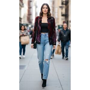 Chico’s Burnout Velvet Open Jacket Sheer Artwear Layer Mandarin Collar Sz 3